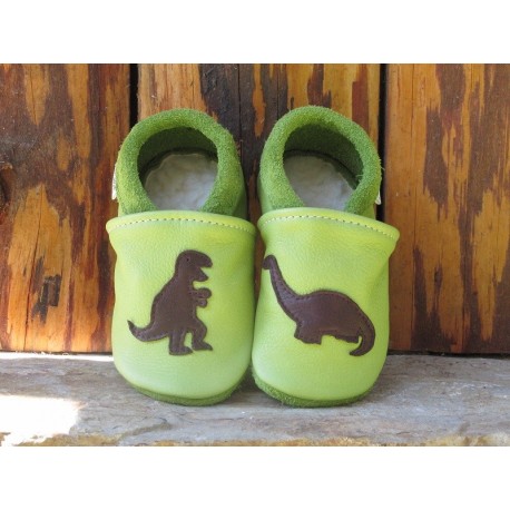 Chaussons cuir enfant dinosaure vert pomme/chocolat