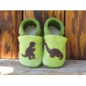 Chaussons cuir enfant dinosaure vert pomme/chocolat